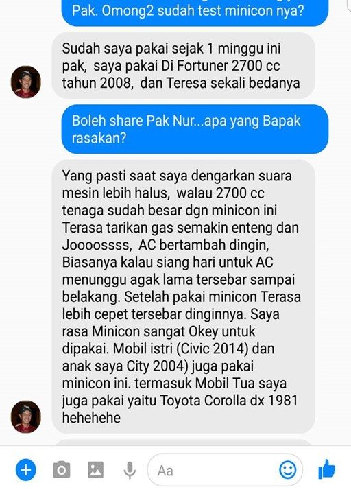 Screenshot testimoni pengguna MINICON, Fortuner 2700 cc